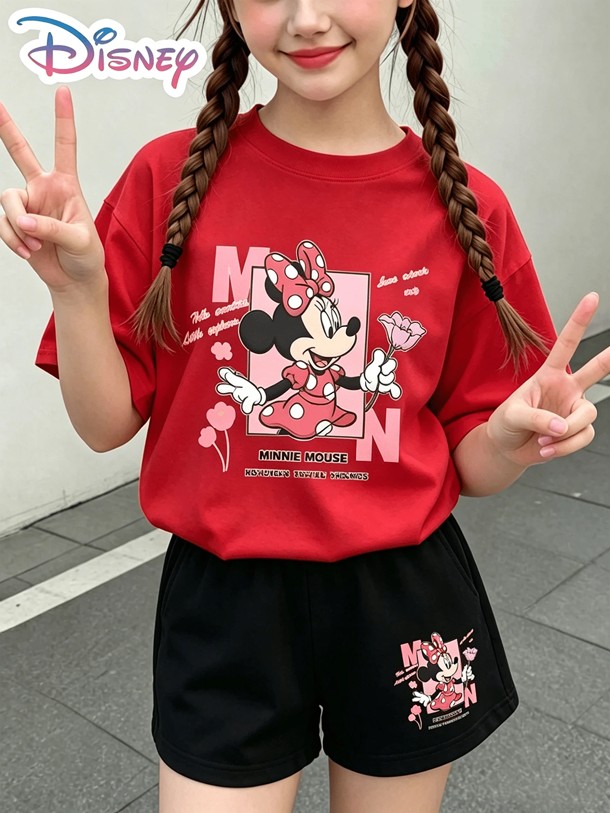 Disney Minnie Mouse "M" And Floral Print Two-Piece Set For Teenage Girls, Y2K Pattern T-Shirt And Shorts Set, Casual Printed Set, Perfect For Holiday Gifting. (Disney T-Shirt/Teen Girl Clothes/2 Piece Summer Outfit/Holiday Outfits For Women/Girls Clothes/Coords Sets Women Summer/Patterned T-Shirt) - Đỏ - Xem 1