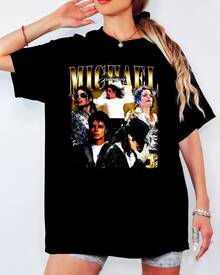 Michael Multi-Image Collage Print T-shirt, Retro King of Pop 90-talsstil Unisex Casual Music Fan Top - Svart - Visa 6