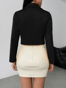 Short Cropped Blazer With Gold Cuff Buttons, French Hot Girl Style High-Waist Cropped Fit, Long Sleeve Open Front Design, Simple And Versatile Black - Black - View 6