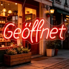 Letrero de neón, letrero LED de "Abierto" para negocios, luz de neón con letras en alemán alimentada por USB, decoración de pared para cafetería, bar, restaurante, tienda y escaparate, decoración estética para fachada - rojo - Ver 5
