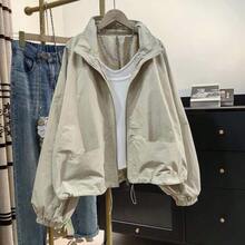 Áo khoác ngắn nữ mùa Xuân/Thu 2026 mới, áo cardigan cổ đứng có khóa kéo, dáng rộng, ôm nhẹ, dành cho người nhỏ nhắn. - Màu be - Xem 1