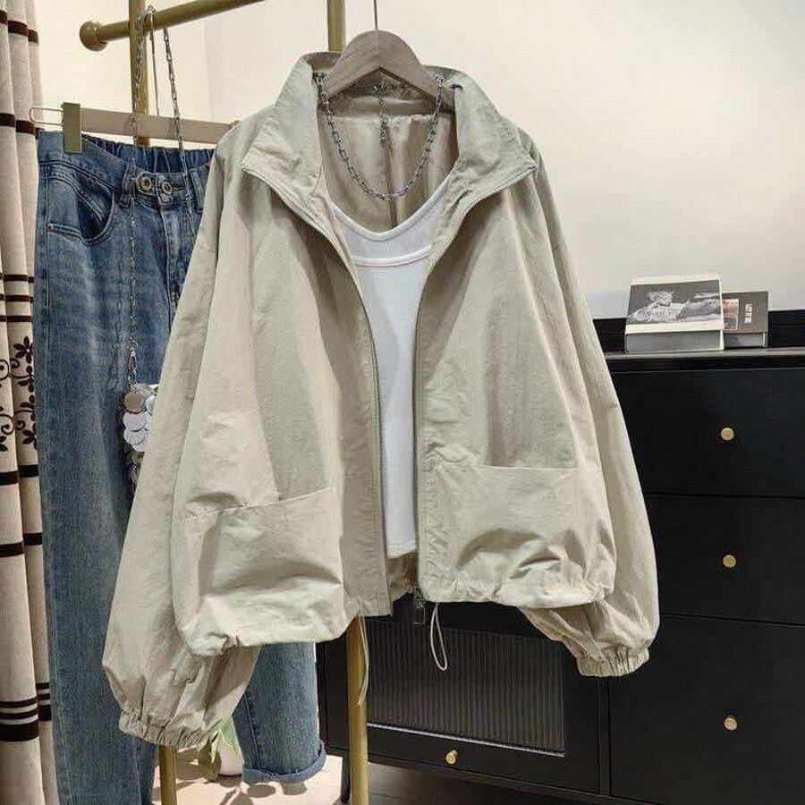 Áo khoác ngắn nữ mùa Xuân/Thu 2026 mới, áo cardigan cổ đứng có khóa kéo, dáng rộng, ôm nhẹ, dành cho người nhỏ nhắn. - Màu be - Xem 1