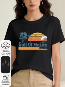 Camiseta 100 % pura con estampado tropical del Golfo de México, cuello redondo y manga corta, cómoda y transpirable para uso diario en verano, ropa de verano para mujer - Negro - Ver 2