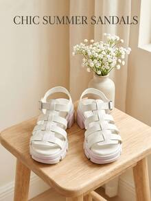 Girls' White Gladiator Platform Sandals, Kids' Chunky Pink Sole Open-Toe Shoes With Adjustable Buckle, Breathable Leather-Like Footwear, Fashionable Summer Sandals For Casual Outings & Daily Wear - trắng - Xem 3