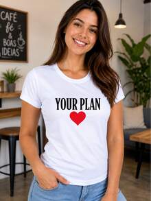 Babylook Feminina Estampa "Your Plan" Coração Vermelho Minimalista Casual - Branco - Visão 2