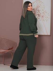 Plus Size Tracksuit Set With Lace Detail, Women's Winter Fashion. - 軍綠色 - 查看 2