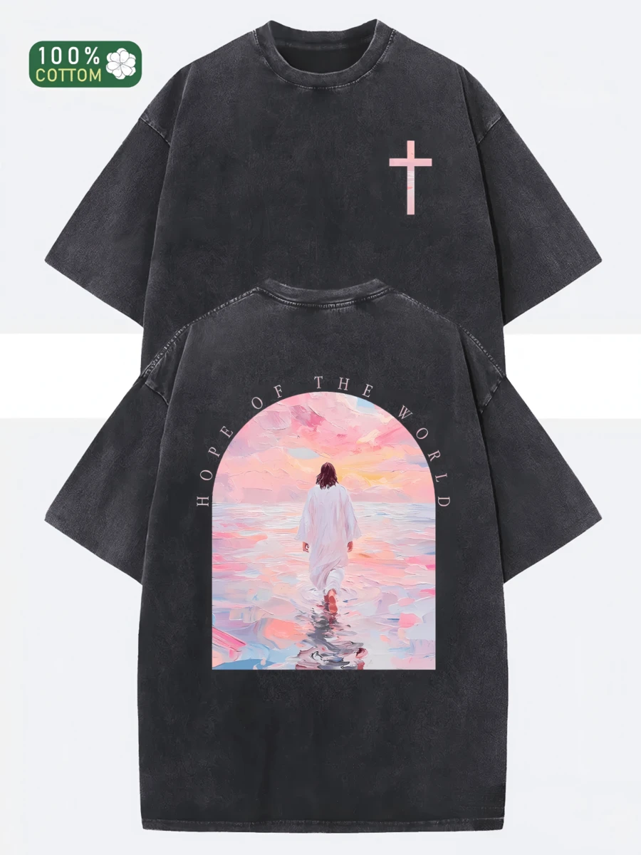 Heavyweight Wax-Printed T-Shirt - Unisex Oversized Round Neck Short Sleeve With Front & Back Christian Faith Design (Jesus Walking On Water, Cross & J - 黑色 - 查看 1