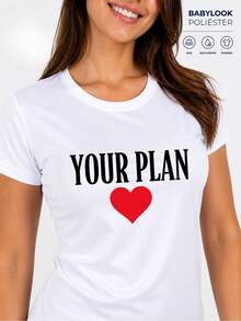 Babylook Feminina Estampa "Your Plan" Coração Vermelho Minimalista Casual - Branco - Visão 3