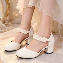 Girls' Patent Leather Mary Jane Shoes, Ruffled Ankle Strap Pointed Toe Block Heels, Sweet & Stylish Comfortable Dress Shoes For Daily Wear & Party - White - View 11