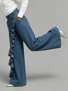 Summer Women'S Casual Irregular Washed Retro Mid-Waist Straight Leg Jeans - Dark Blue - View 4