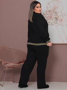 Plus Size Tracksuit Set With Lace Detail, Women's Winter Fashion. - 黑色 - 查看 2