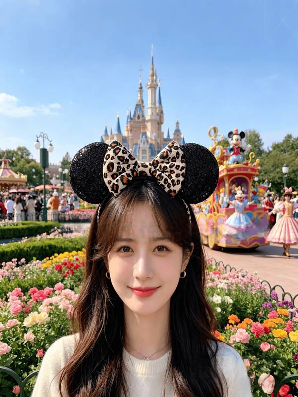  Disney Minnie Mouse Leopard Bow Sequin Minnie Ears Satin Headband, Party Decor Hair Accessories