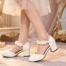 Girls' Patent Leather Mary Jane Shoes, Ruffled Ankle Strap Pointed Toe Block Heels, Sweet & Stylish Comfortable Dress Shoes For Daily Wear & Party - White - View 7