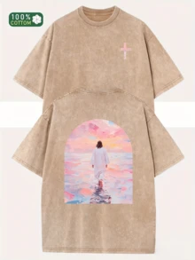 Heavyweight Wax-Printed T-Shirt - Unisex Oversized Round Neck Short Sleeve With Front & Back Christian Faith Design (Jesus Walking On Water, Cross & J - 棕色 - 查看 8
