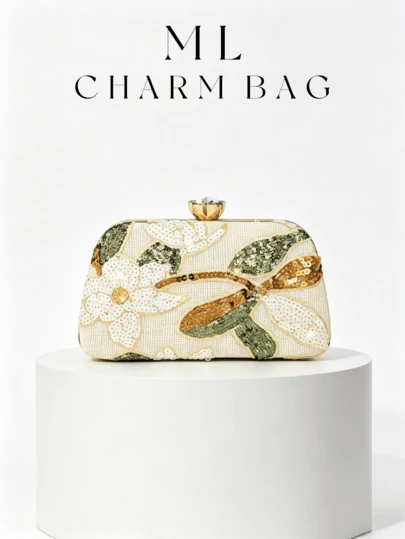 Floral Sequin Embroidered Hard Case Clutch, Elegant Linen Texture Evening Bag With Rhinestone Closure, Suitable For Weddings And Parties