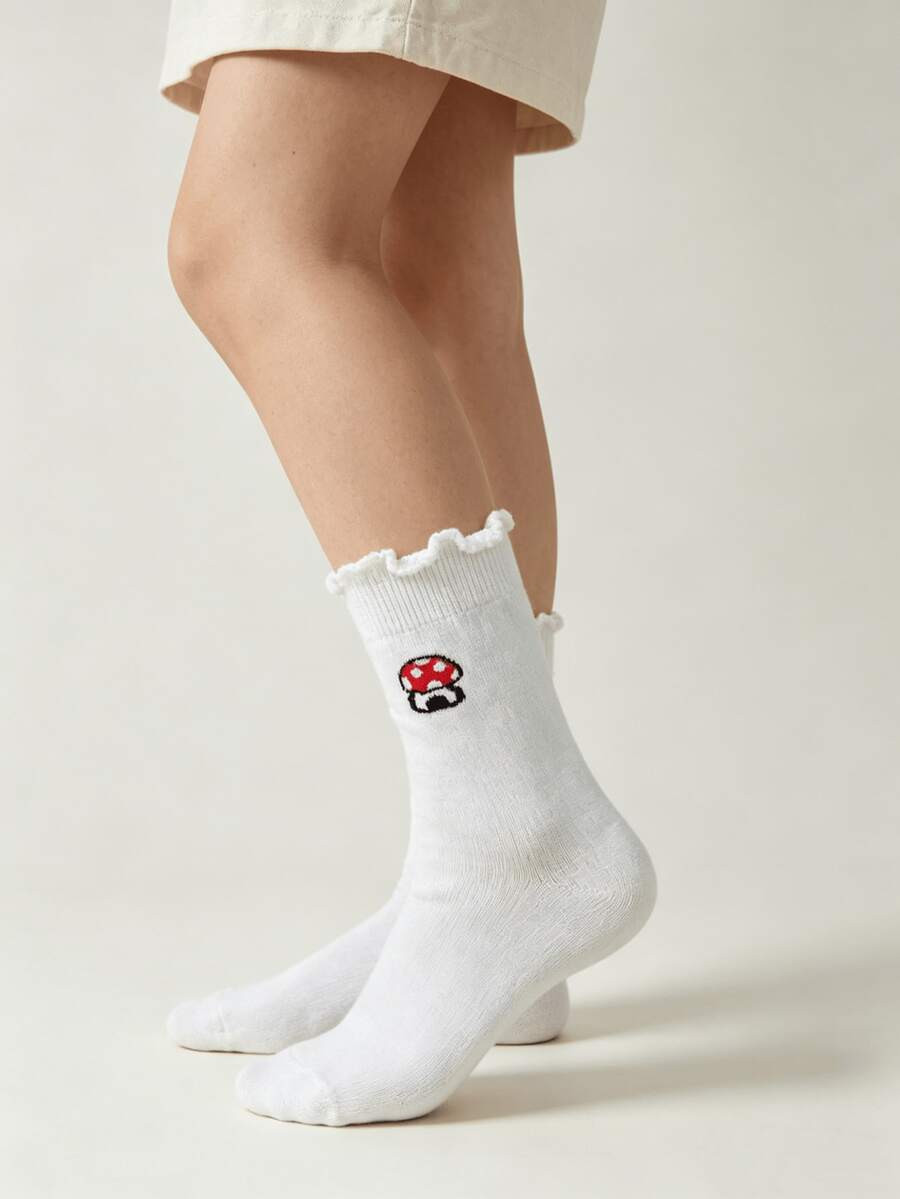 1/5 Pairs Cute Cartoon Pattern Frilled Mid-Calf Socks, Versatile For Spring And Summer - Multicolor - View 1
