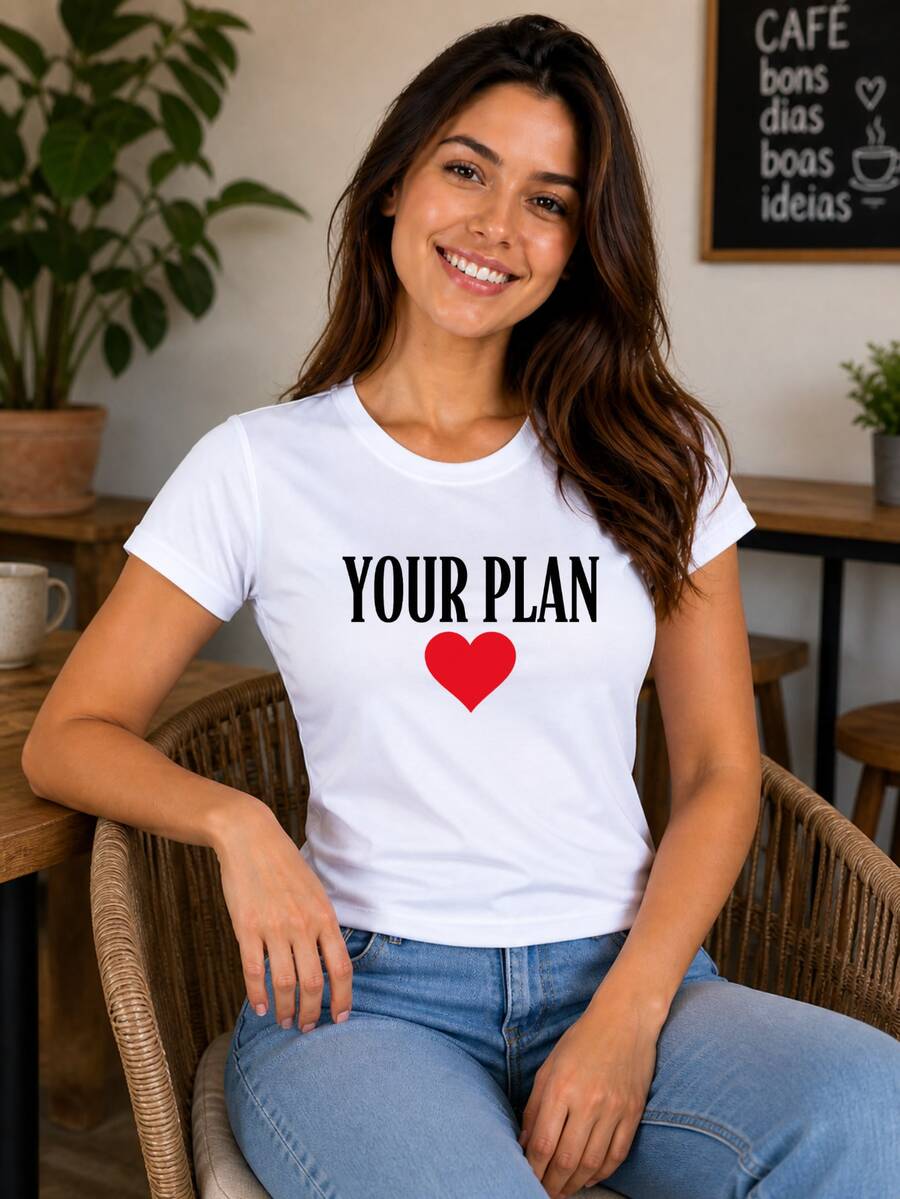 Babylook Feminina Estampa "Your Plan" Coração Vermelho Minimalista Casual - Branco - Visão 1
