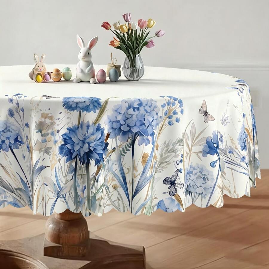 藍色水彩野花桌布 1 入，聚酯纖維 2D 平面印花波西米亞花環圖案，適用正方形、圓形與長方形桌子，適合居家用餐、廚房、新娘送禮會、茶會與農舍風裝飾 - A - 查看 1