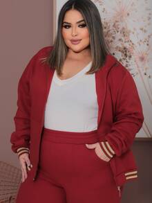 Plus Size Tracksuit Set With Lace Detail, Women's Winter Fashion. - 亮橙色 - 查看 3