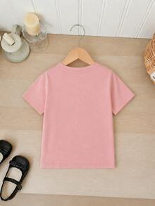 Girls' Summer Casual Set, Pink Short Sleeve T-Shirt With Shy Rabbit Cartoon Print, Paired With Black Shorts With Matching Pattern Accent, Cute And Lively, Suitable For Daily Wear Or Campus Outfit - Pink - View 4