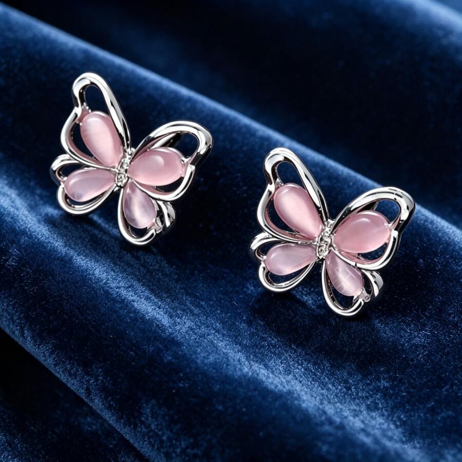 1 par de pendientes de mariposa, dulces y lindos, minimalistas y de lujo, versátiles, adecuados para uso casual de primavera/verano, bodas y fiestas - Rosa Pálido - Ver 1