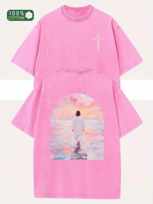 Heavyweight Wax-Printed T-Shirt - Unisex Oversized Round Neck Short Sleeve With Front & Back Christian Faith Design (Jesus Walking On Water, Cross & J - 玫紅色 - 查看 13
