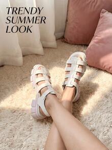 Girls' White Gladiator Platform Sandals, Kids' Chunky Pink Sole Open-Toe Shoes With Adjustable Buckle, Breathable Leather-Like Footwear, Fashionable Summer Sandals For Casual Outings & Daily Wear - trắng - Xem 4