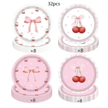 12/24/32 Peças Pratos de Papel Descartáveis com Laço Rosa Cereja Fofos e Estéticos para Festa de Aniversário de Menina, Despedida de Solteira, Chá de Panela, Chá de Bebê, Festa de Noivado, Festa de Casamento, Tema Fofo, Festa com Laço Rosa, Festa de Cereja, Festa de Menina, Essenciais para Feriados, Formatura de Jardim de Infância - Rosa chiclete - Visão 9