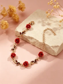 1pc Vintage Red Rose Charm Bracelet, Elegant & Fashionable Accessory For Women, Suitable For Daily Wear And Parties - Yellow Gold - View 4