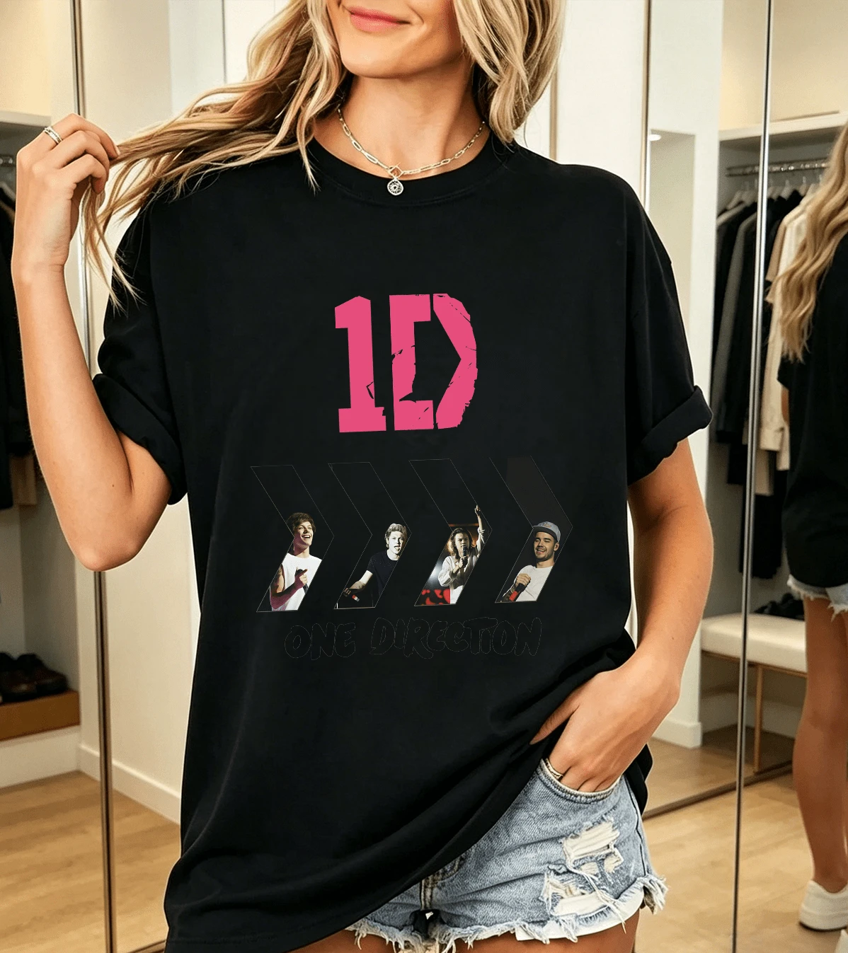One DirectionDirection Loose-Fitting 100% Cotton T-Shirt With Vintage Band Logo For Fans - Black - View 1