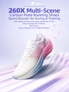 XTEP 260X | Zapatillas de running ligeras y transpirables para hombres con placa de carbono, adecuadas para carreras y entrenamiento, Blanco vela/Rosa neón - Blanco vela/Rosa cereza fluorescente - Ver 1