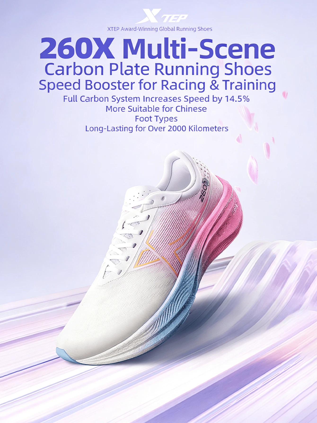 XTEP 260X | Zapatillas de running ligeras y transpirables para hombres con placa de carbono, adecuadas para carreras y entrenamiento, Blanco vela/Rosa neón - Blanco vela/Rosa cereza fluorescente - Ver 1