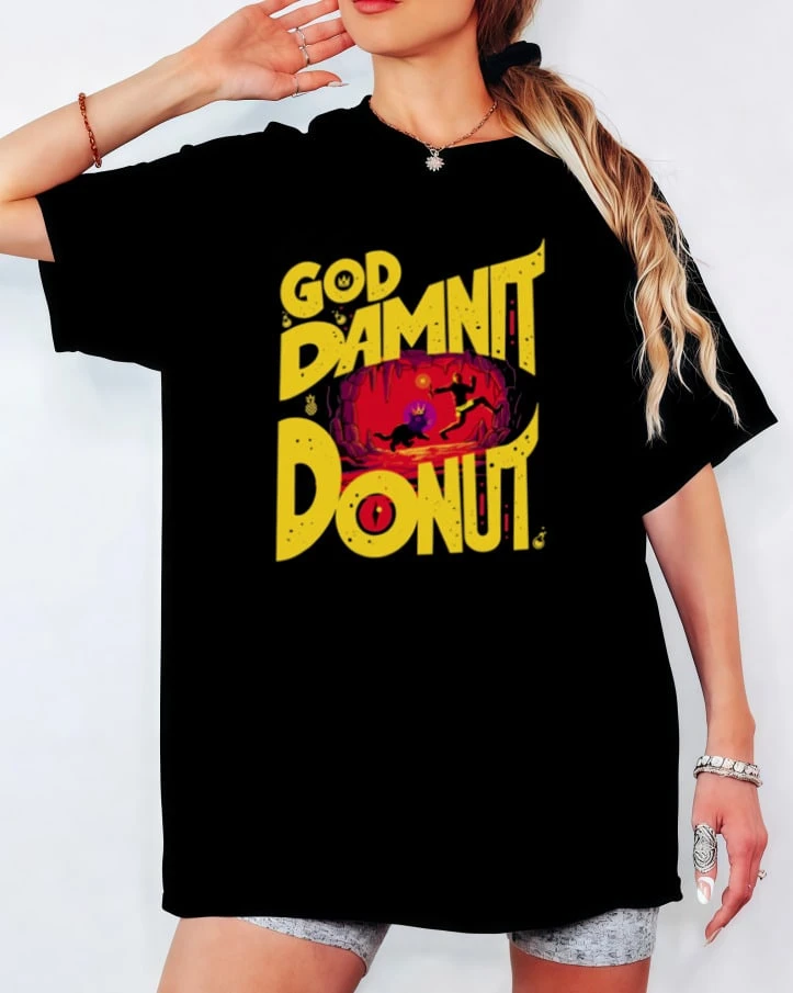 Funny "God Damnit Donut" Cartoon Print T-Shirt, Humorous Adventure Scene Unisex Casual Top - Black - View 1