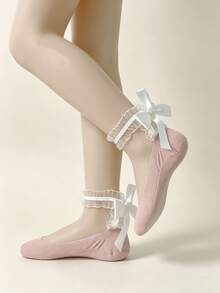 1/5 Đôi tất kiểu ballerina ngọt ngào, viền ren, thắt nơ, chất liệu lụa pha, hàng mới về mùa xuân/hè. - Nhiều màu - Xem 9