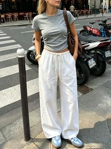 2pcs Women's Summer Outfit: Grey Fitted Cropped T-Shirt + Solid Color Drawstring Casual Pants, Suitable For Daily, Dating, Commuting, Shopping - Multicolor - View 2