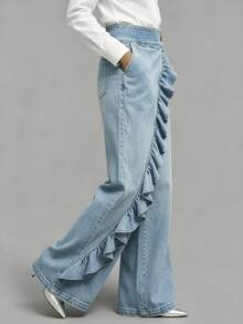 Summer Women'S Casual Irregular Washed Retro Mid-Waist Straight Leg Jeans - Light Blue - View 2
