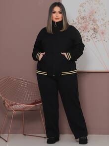 Plus Size Tracksuit Set With Lace Detail, Women's Winter Fashion. - 黑色 - 查看 1