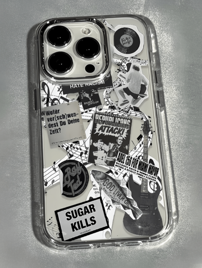 Stickers 1pc Transparent Metal Guitar & Newspaper Shreds Minimalist TPU Shockproof Phone Case Compatible With Apple 17, 16, 15, 14, 13, 12, 11 Pro Max, Air