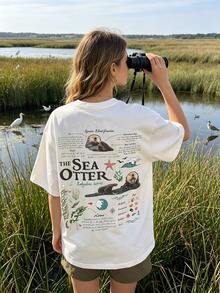 Retro Otter Print T-Shirt - Short-Sleeved Crew Neck Casual Top, Lightweight And Breathable, Suitable For Spring And Summer Wear, Machine Washable, Brightly Colored Printed Short-Sleeved Shirt | Spring Everyday Wear, Vacation Outfits, Women's Summer Clothes, Summer - trắng - Xem 4