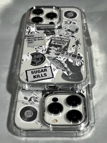 贴纸 1 件装 透明金属吉他和报纸碎片 极简 TPU 防震手机壳 兼容 Apple 17、16、15、14、13、12、11 Pro Max、Air - 彩色 - 查看 2