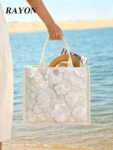 1 buah Tas Tote Wanita Putih dengan Aplikasi Renda Larut Air, Bordir Jala Bunga 3D, Kapasitas Besar, Bagian Bawah Linen, Tas Tangan Liburan Pantai, Cocok untuk Pantai, Area Wisata, Belanja (Pola Payet Bunga Didistribusikan Secara Acak) - Putih - View 11