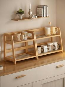 1 pieza Organizador de escritorio multifuncional de bambú, estante de almacenamiento para tazas y juegos de té, estante de exhibición y almacenamiento de cosméticos, estante de almacenamiento de perfumes, estante de almacenamiento de utensilios de cocina, estante de almacenamiento de armario, almacenamiento de suministros para bodas y festivales, organizador de almacenamiento, suministros de almacenamiento para baño y cocina, adecuado para sala de estar, dormitorio, decoración del hogar - Color de la madera - Ver 5