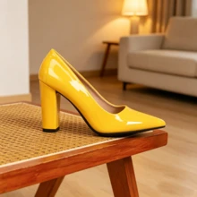 Chunky Heeled Pointed-Toe Shoes In Multiple Colors, Glossy Patent Leather, Low-Cut, Versatile And Elegant Women's Shoes. - vàng nhạt - Xem 2