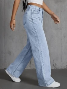 Quần jeans nữ dáng suông rộng rãi, quần jeans ống suông cạp cao màu xanh dương dành cho nữ cao, quần jeans nữ dáng rộng cạp thấp, trang phục nữ mùa thu. - Rửa nhẹ - Xem 3