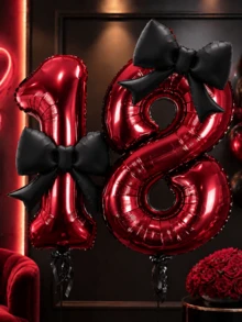 1套大號紅色數字箔氣球0-9搭配黑色蝴蝶結氣球裝飾，女性生日派對氣球，週年紀念裝飾，迷人拍照背景，婚禮節日慶祝用品，派對道具裝飾套裝 - 紅色 - 查看 1