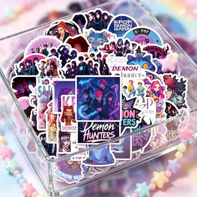 50张K-Pop恶魔女团和男团卡通贴纸，动漫人物行李箱贴花，适合作为生日、派对、返校、复活节礼物