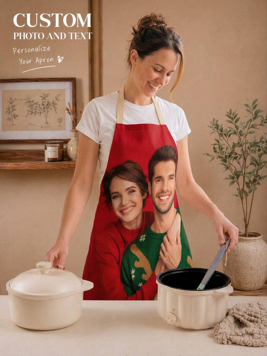 1 pieza Delantal de lino personalizado con impresión de foto, delantal de cocina personalizado con foto de mascota y logotipo para hombres, mujeres y chefs, regalo - Multicolor - Ver 1
