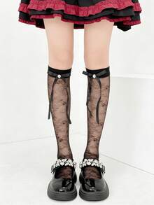 1/3 Đôi tất mùa hè mỏng, đa năng, đính nơ pha lê kiểu Lolita - Nhiều màu - Xem 3