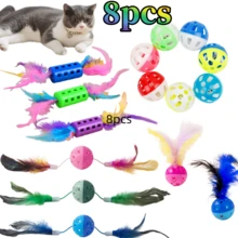 1个/4个/8个装宠物猫玩具，带羽毛球，互动猫咪追逐玩具，室内游戏彩色猫咪自玩尾巴玩具 - 送给宠物主人和爱猫人士的完美节日礼物 - 彩色 - 查看 23