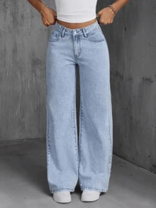 Quần jeans nữ dáng suông rộng rãi, quần jeans ống suông cạp cao màu xanh dương dành cho nữ cao, quần jeans nữ dáng rộng cạp thấp, trang phục nữ mùa thu. - Rửa nhẹ - Xem 4